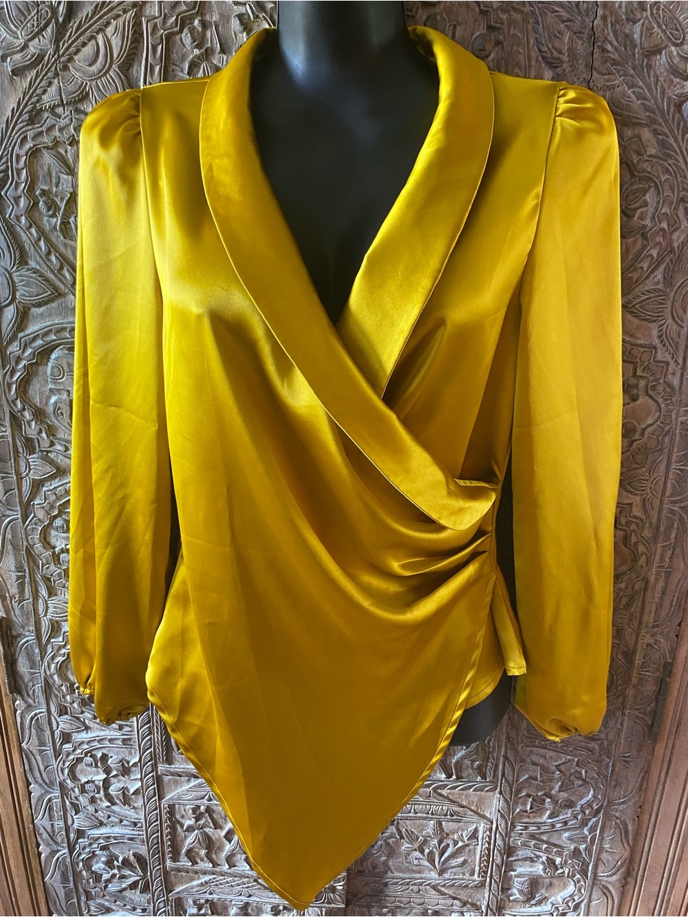 Satin Wrap Blouse in Mustard Yellow. Size S